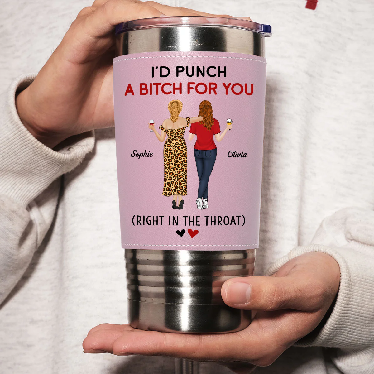 Punch For You - Personalized Custom Pink Leather Tumbler - Image 3