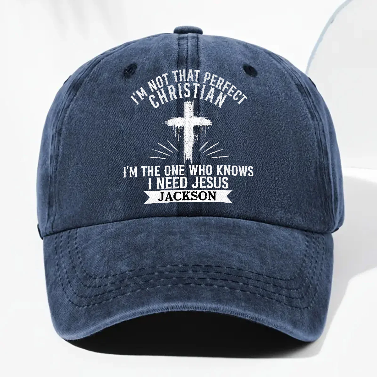 Raised In Faith - Personalized Custom Vintage Washed Denim Cap - Image 5