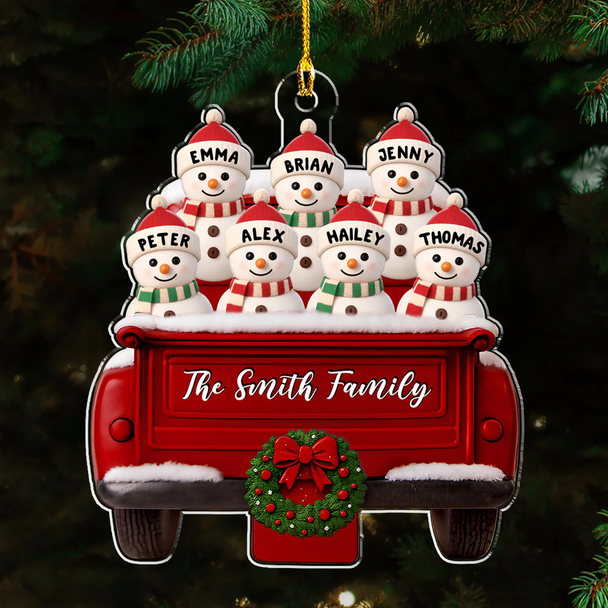 Red Truck Snowman Family - Personalized Custom Acrylic Ornament - Image 3