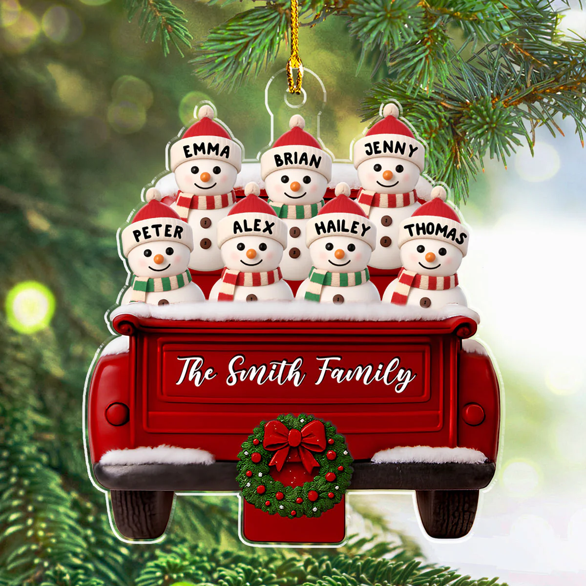Red Truck Snowman Family - Personalized Custom Acrylic Ornament - Image 4