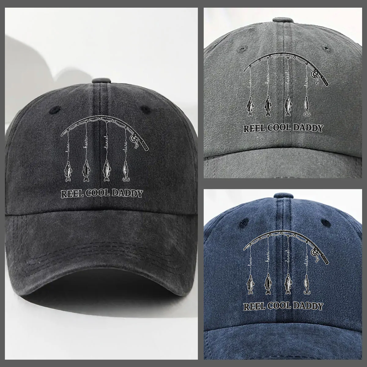 Reel Cool Dad - Personalized Custom Vintage Washed Denim Cap - Image 4
