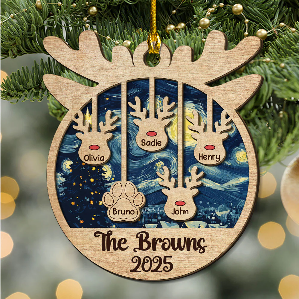 Reindeer Family Name - Personalized Custom 2-Layered Wood Ornament - Image 5