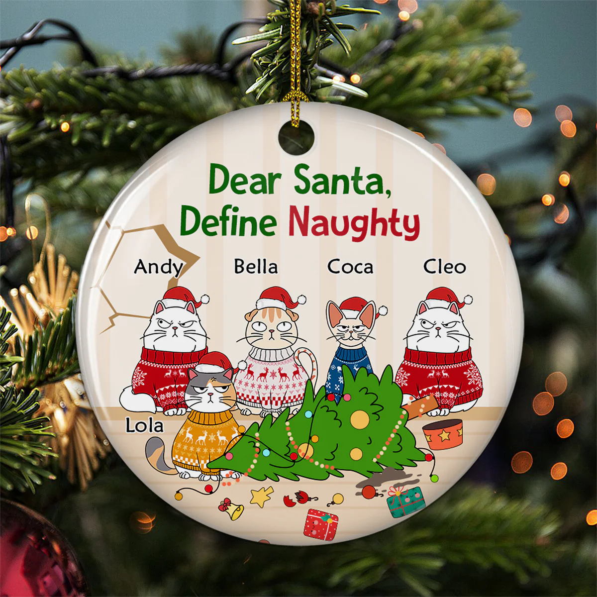 Santa Define Naughty Cats - Personalized Custom Ceramic Ornament - Image 5