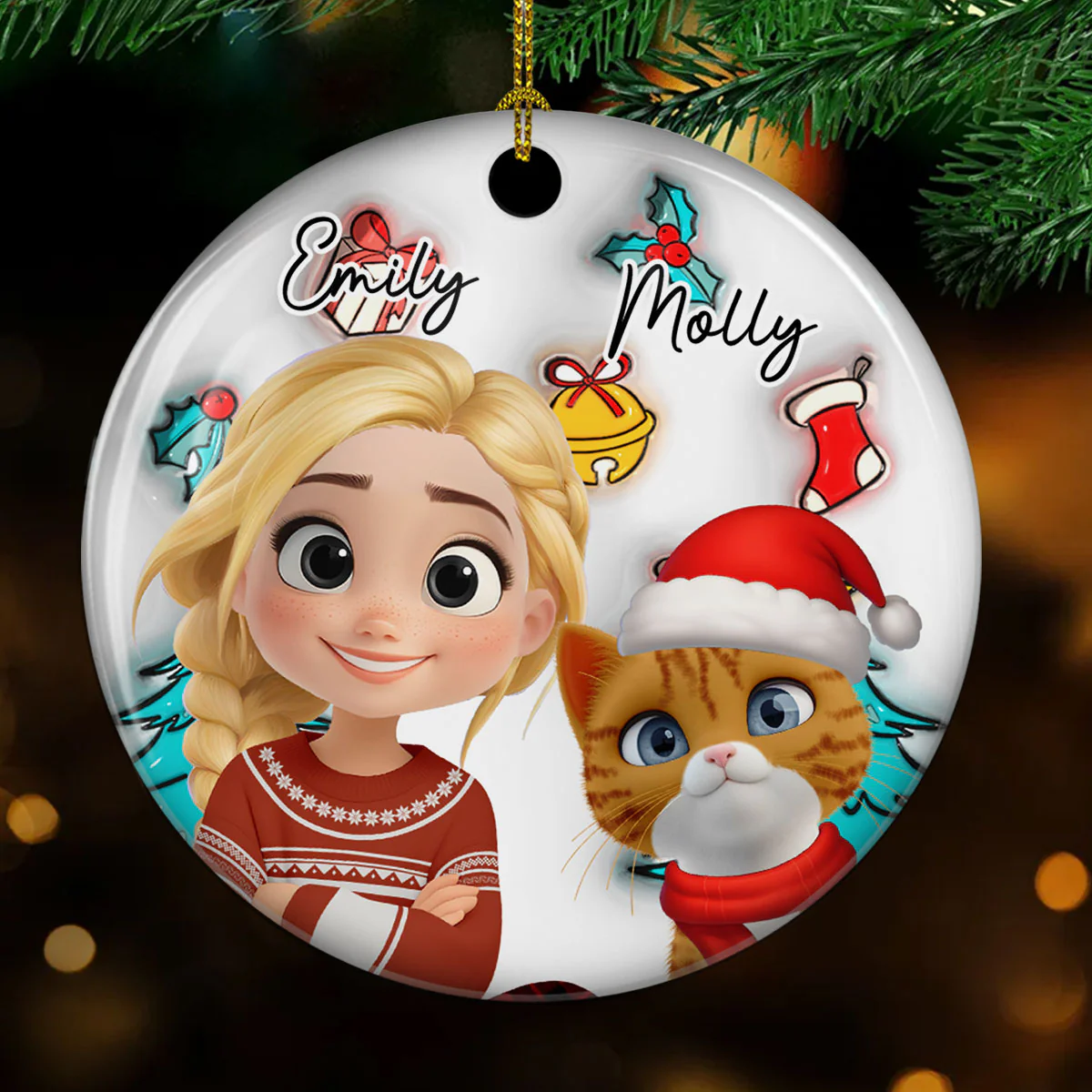 Santa Is Coming To Cats - Personalized Custom 3D Inflated Effect Ceramic Ornament - Image 2