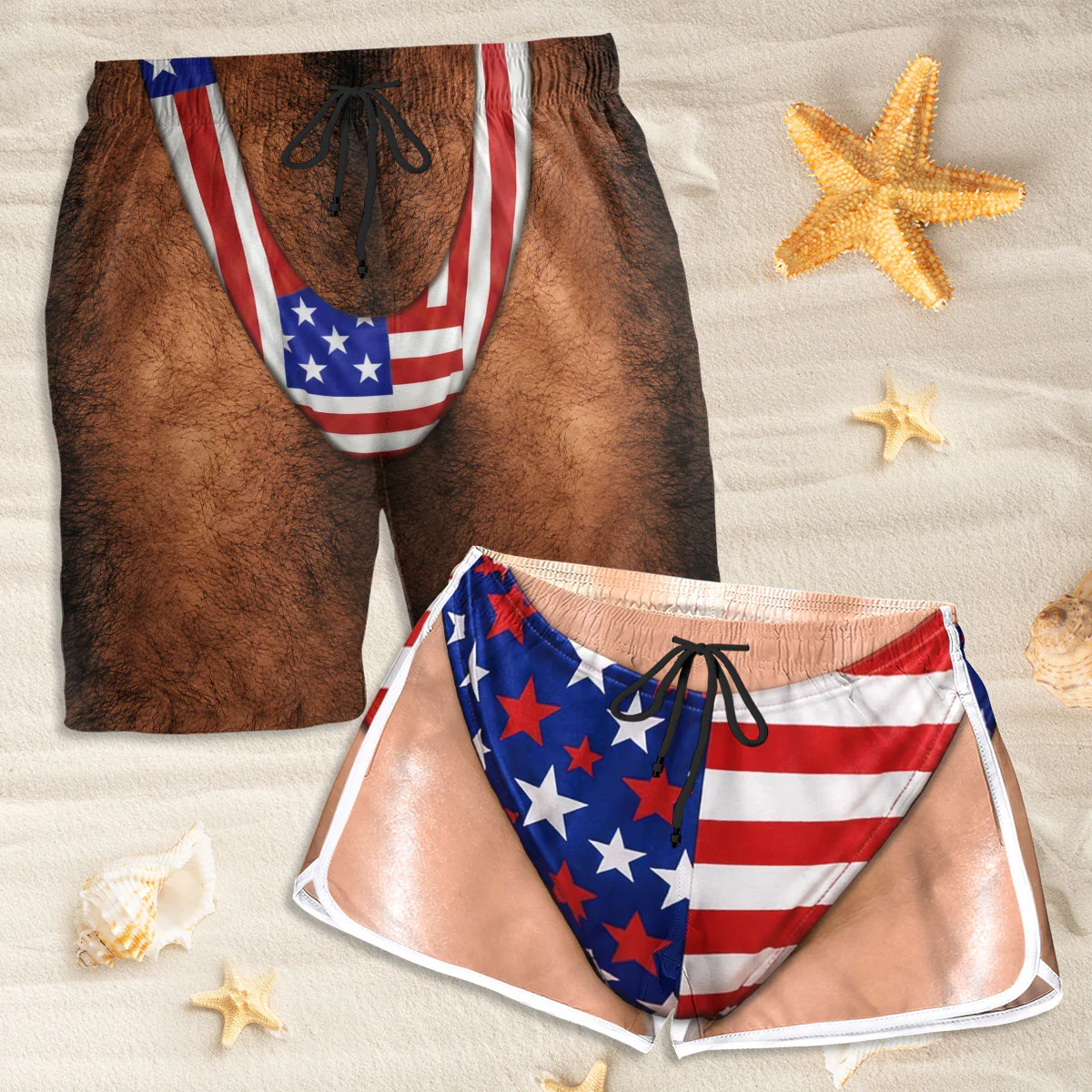 Sexy Couple Body Patriotic - Personalized Custom Couple Beach Shorts - Image 2