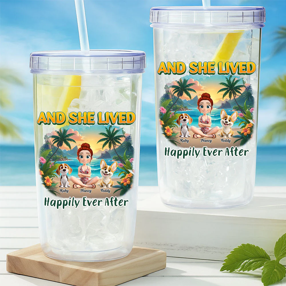 She Lived Happily With Her Dog - Personalized Custom 14oz Plastic Tumbler - Image 2