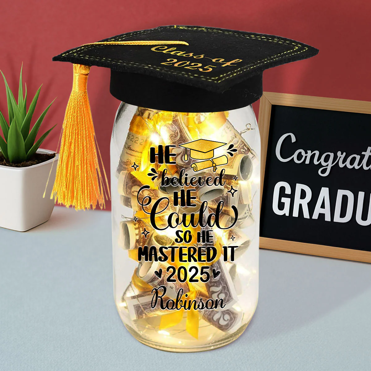 She Mastered It - Personalized Custom Graduation Mason Jar Light - Image 2