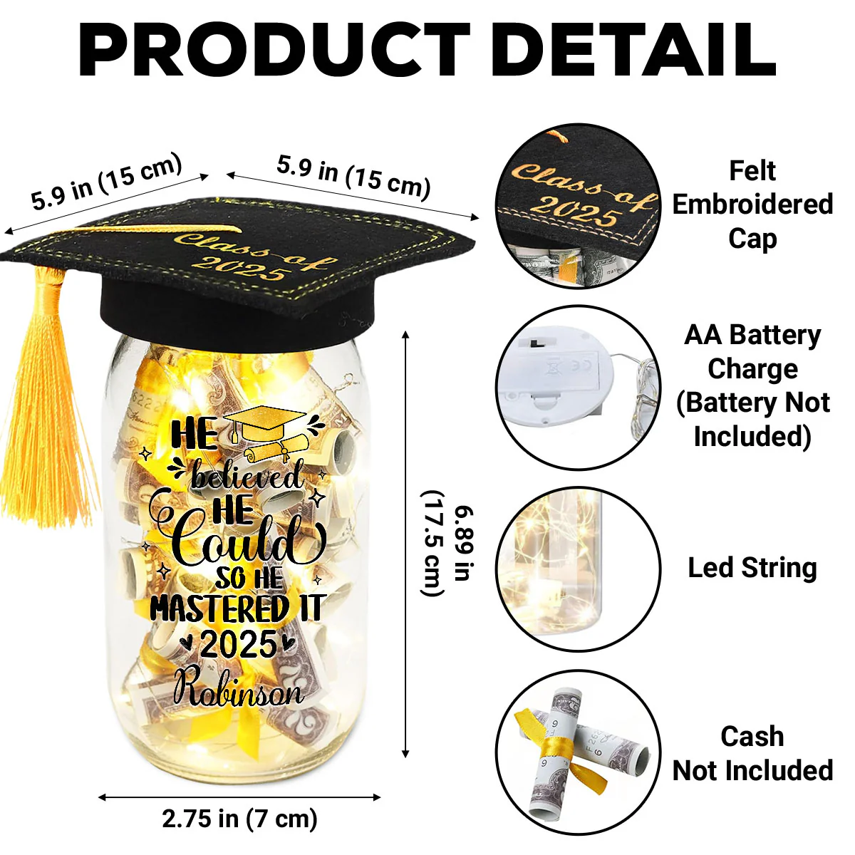 She Mastered It - Personalized Custom Graduation Mason Jar Light - Image 5