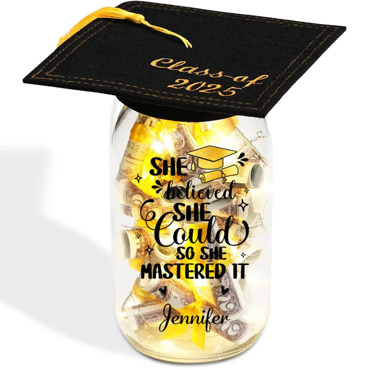 She Mastered It - Personalized Custom Graduation Mason Jar Light - Image 6