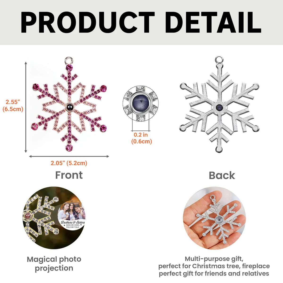 Side By Side Tile By Tile - Personalized Custom Photo Snowflake Projection Ornament - Image 8