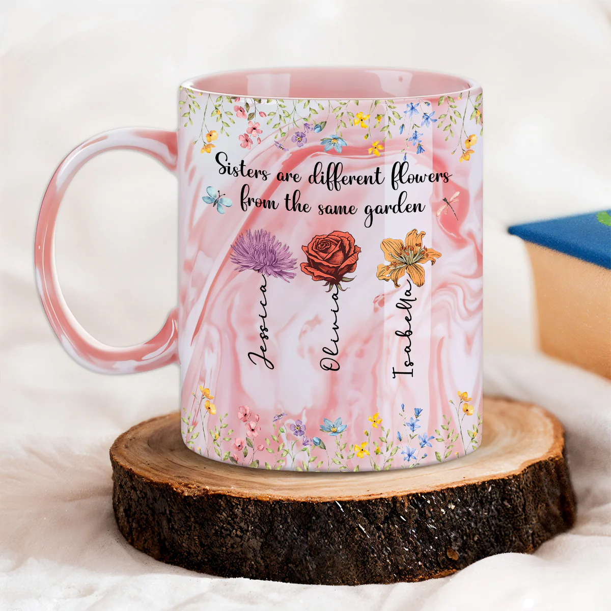Sisters Are Different Flowers - Personalized Custom Pink Marble Mug - Image 3