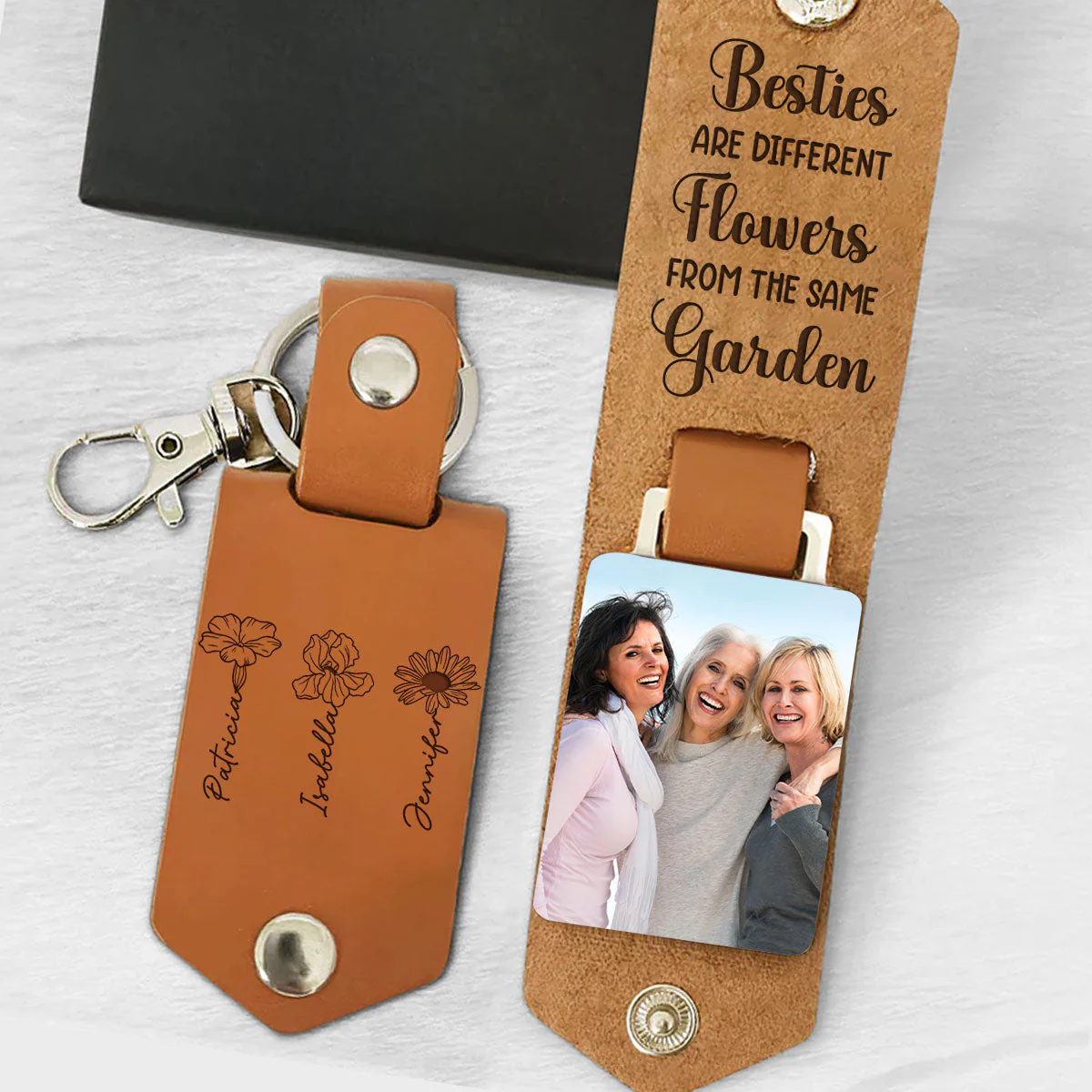 Sisters Are Flowers - Personalized Leather Photo Keychain - Image 6