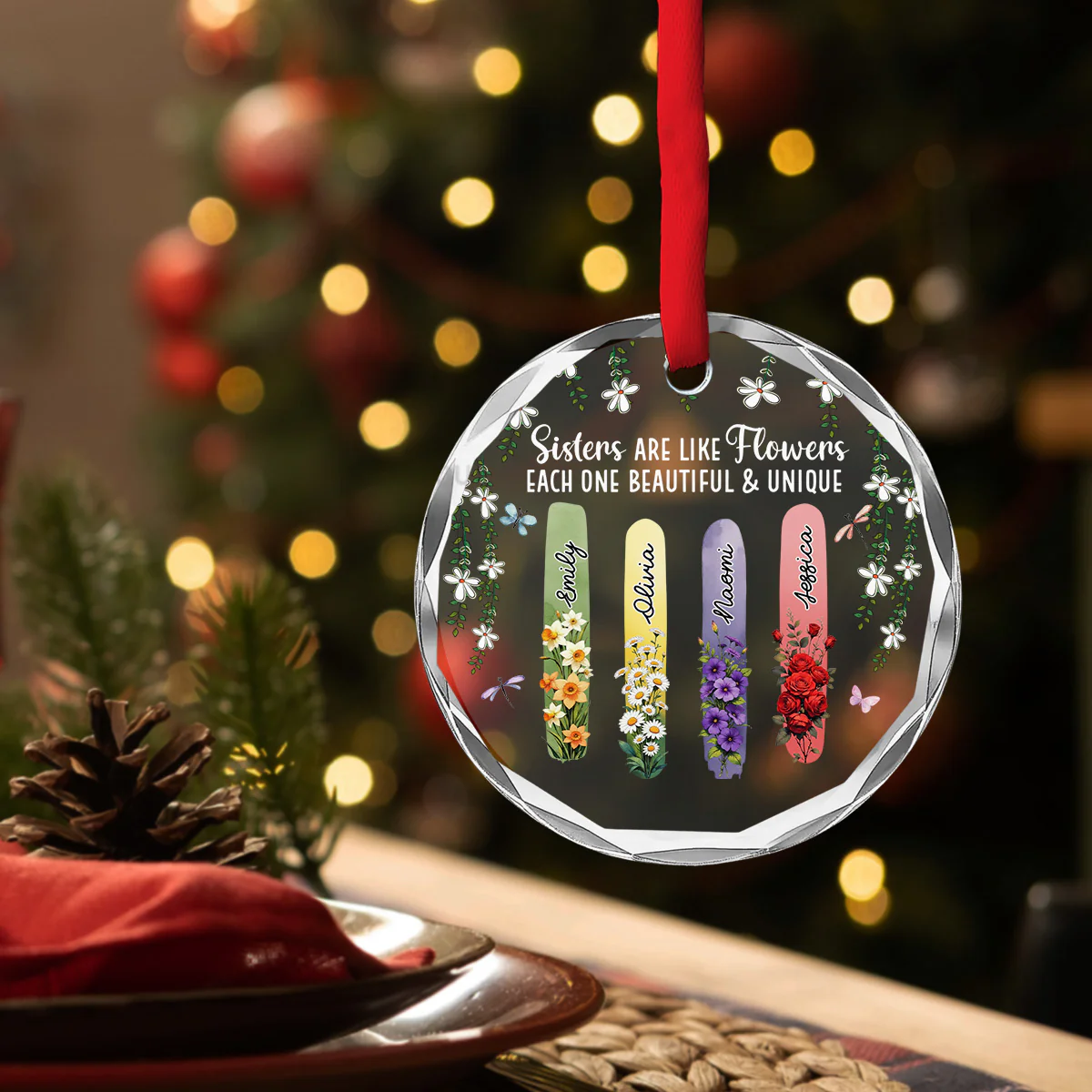 Sisters Bloom Beautiful And Unique - Personalized Custom Glass Ornament - Image 3