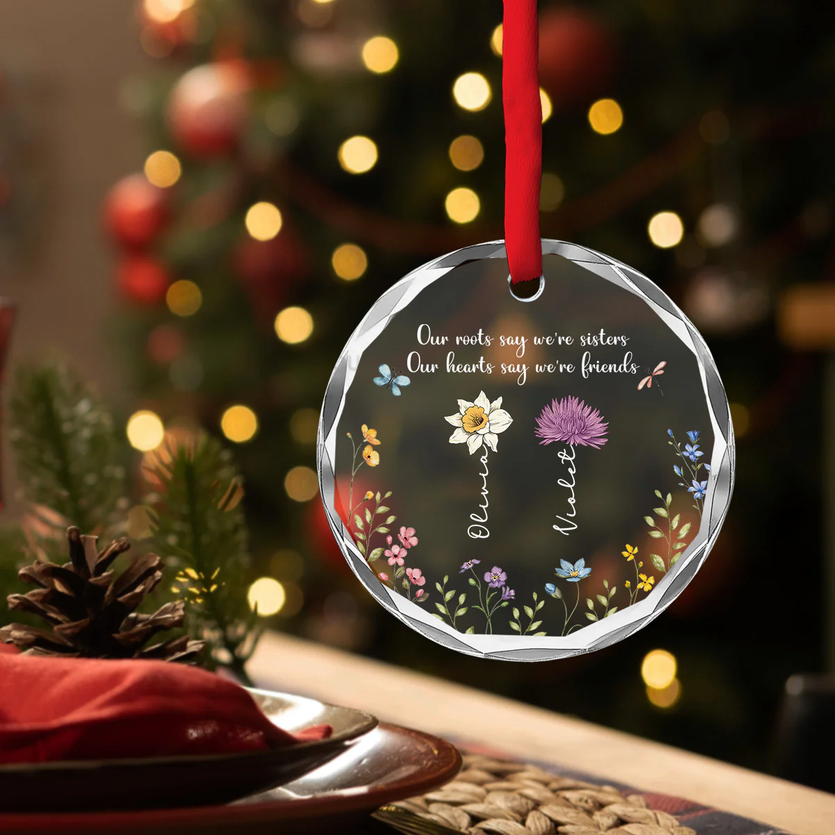 Sisters By Roots Friends By Heart - Personalized Custom Glass Ornament - Image 4