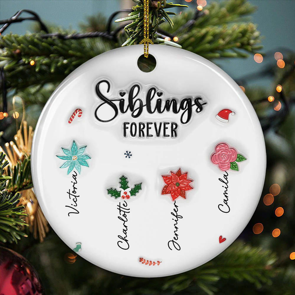 Sisters Forever Christmas Flowers - Personalized Custom 3D Inflated Effect Ceramic Ornament - Image 4
