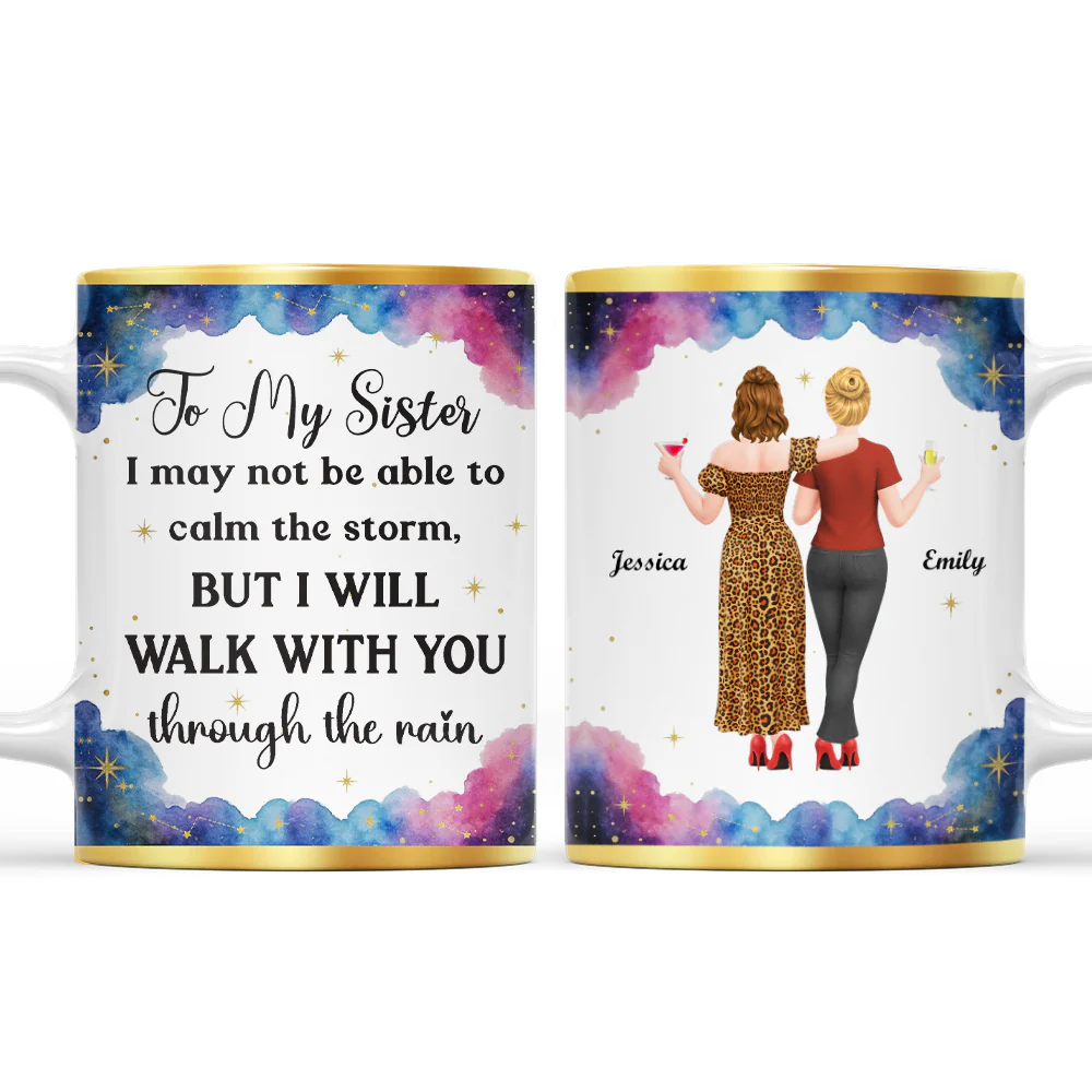 Sisters Hold Hands Through Rain - Personalized Custom Coffee Mug