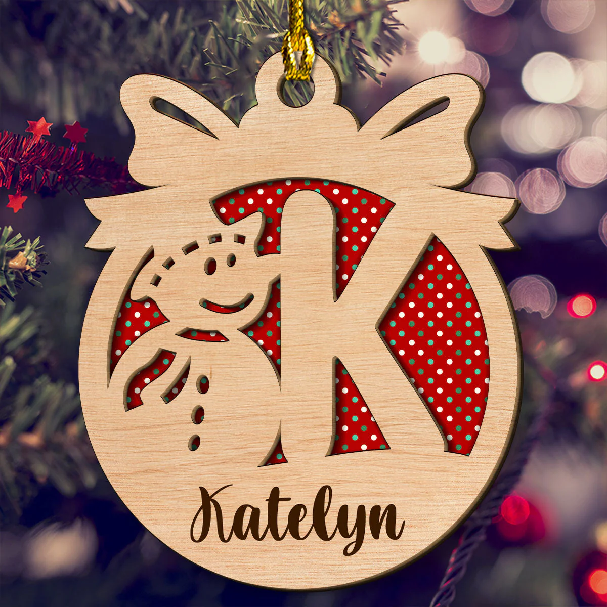 Snowman And Name Letter - Personalized Custom 2-layered Wood Ornament - Image 4