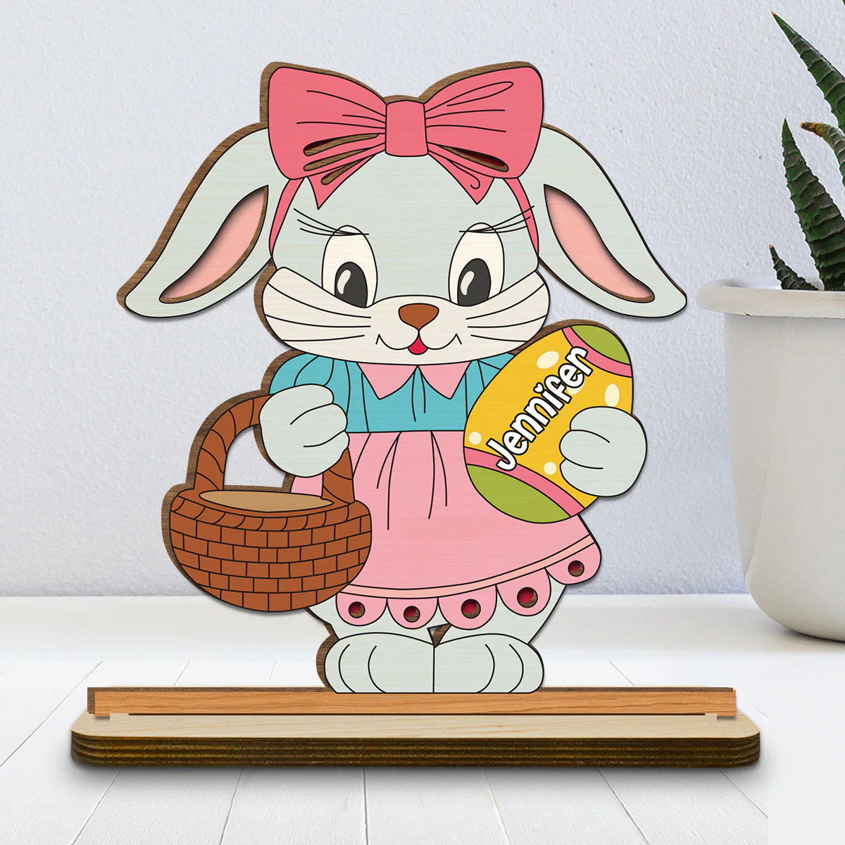 Spring Bunny Surprise - Personalized Custom 2-Layer Wood Plaque With Flat Base - Image 2