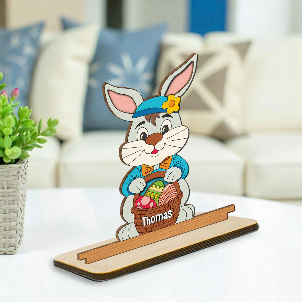Spring Bunny Surprise - Personalized Custom 2-Layer Wood Plaque With Flat Base - Image 3