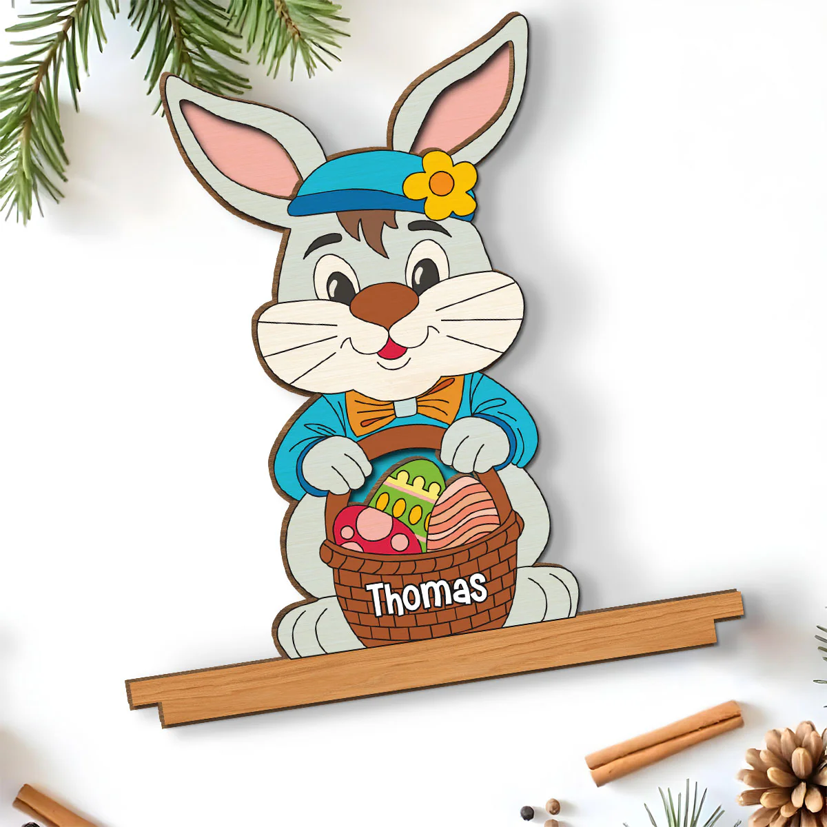Spring Bunny Surprise - Personalized Custom 2-Layer Wood Plaque With Flat Base - Image 5