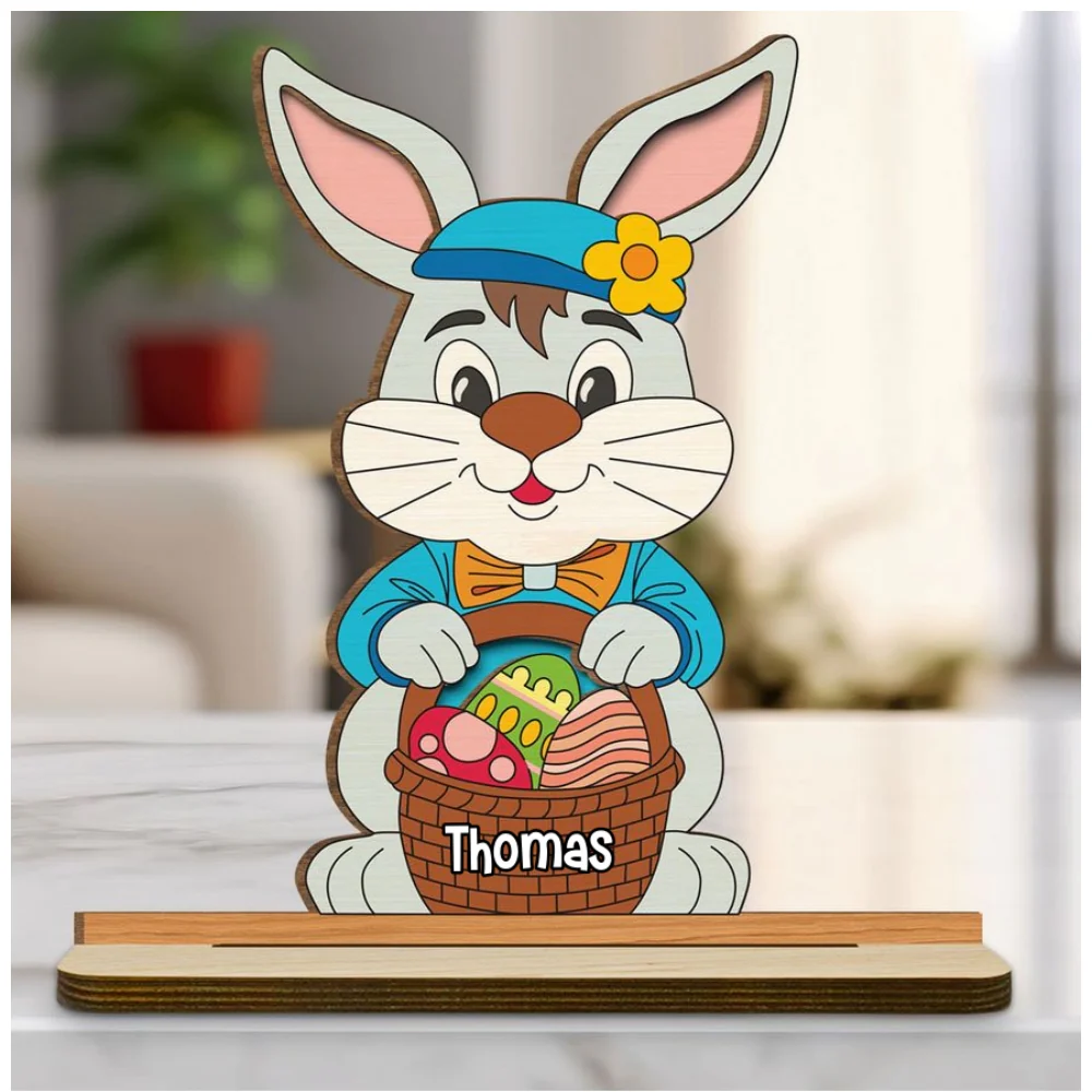Spring Bunny Surprise - Personalized Custom 2-Layer Wood Plaque With Flat Base - Image 7
