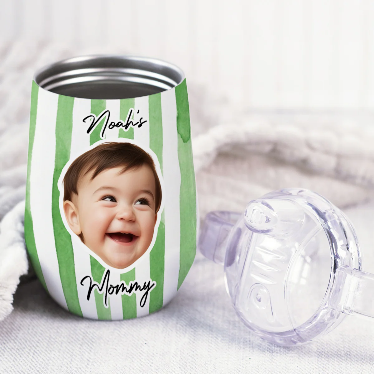 Stripe Kid Face - Personalized Custom Sippy Cup With Handles - Image 3
