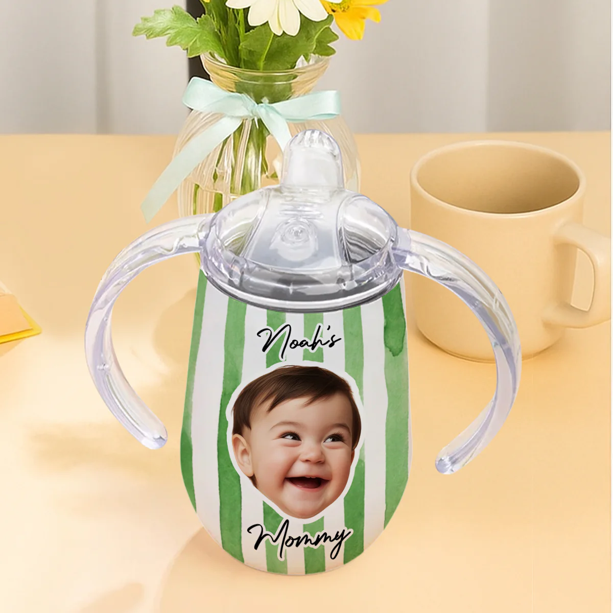 Stripe Kid Face - Personalized Custom Sippy Cup With Handles - Image 4