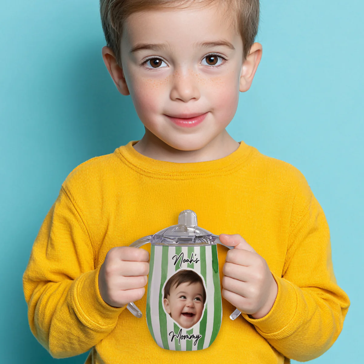 Stripe Kid Face - Personalized Custom Sippy Cup With Handles - Image 5