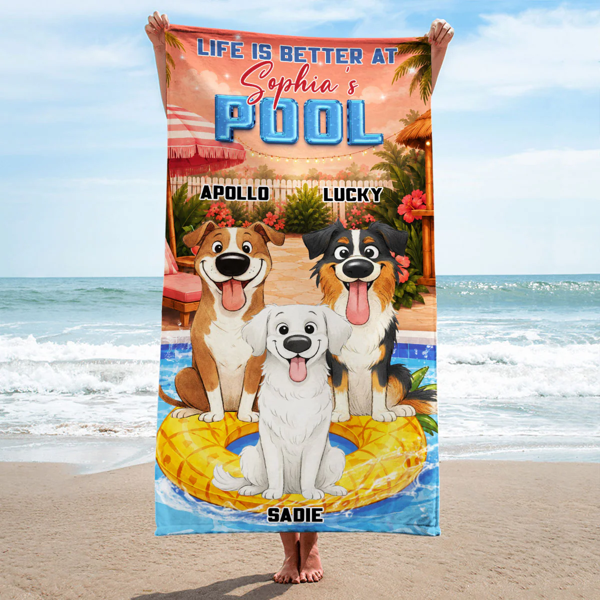 Stylized Cartoon Dog Pool - Personalized Custom Beach Towel - Image 3