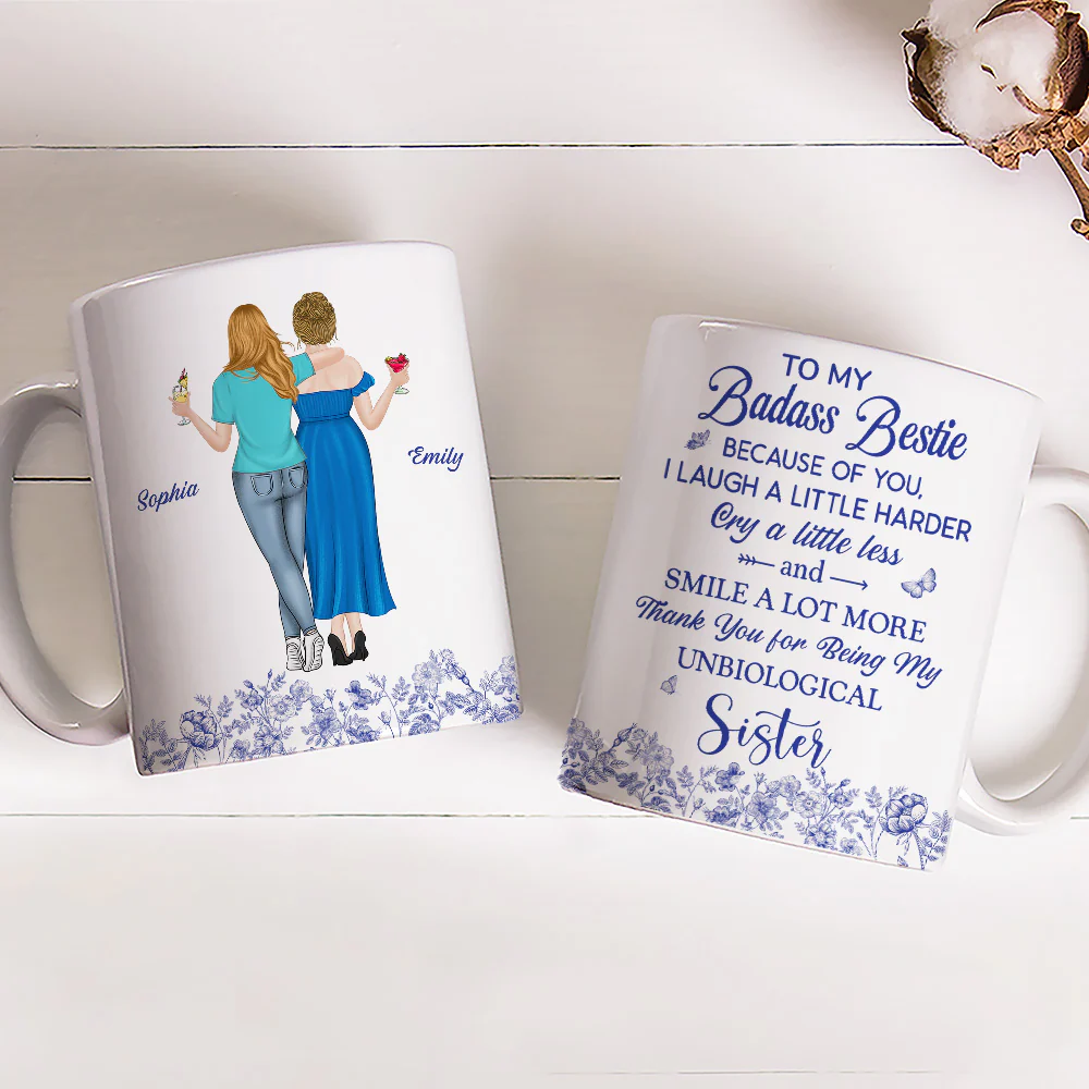 Thank You for Being My Sister Flower Toile - Personalized Custom Coffee Mug - Image 3