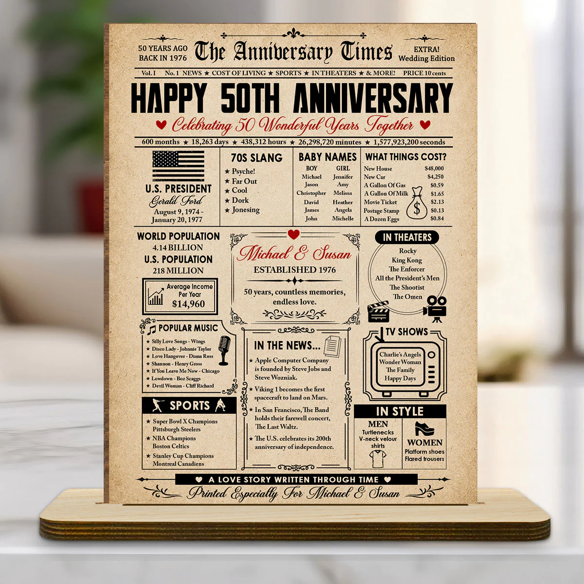 The Anniversary Times - Personalized Custom 2-Layer Wood Plaque With Flat Base