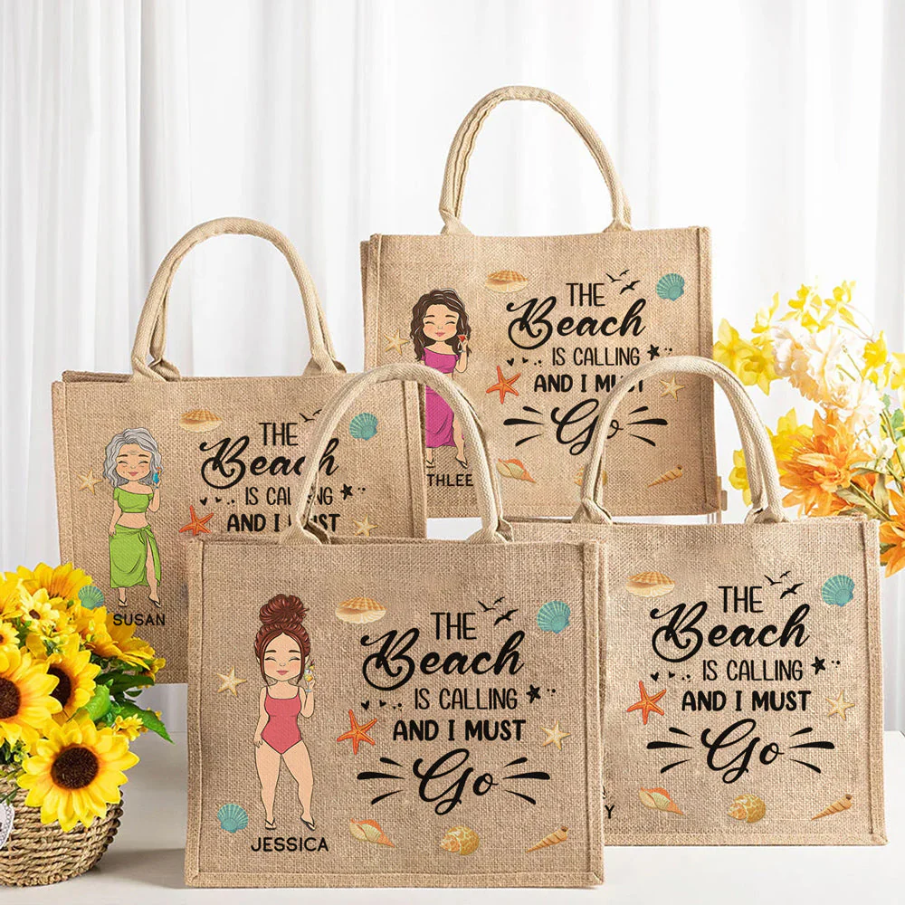 The Beach Is Calling And I Must Go - Personalized Custom Jute Tote Bag - Image 6