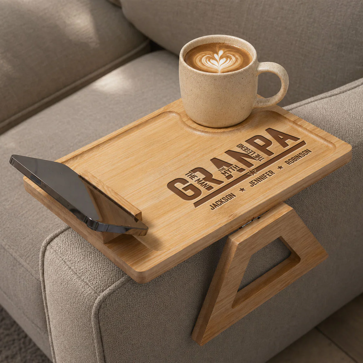 The Man The Myth The Legend - Personalized Custom Engraved Wooden Couch Arm Table - Image 2