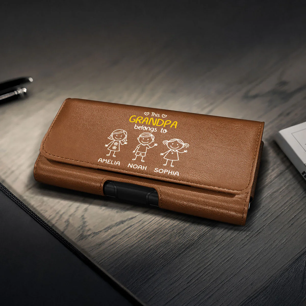 This Grandpa Belongs To Us - Personalized Custom Leather Phone And Card Holster - Image 3