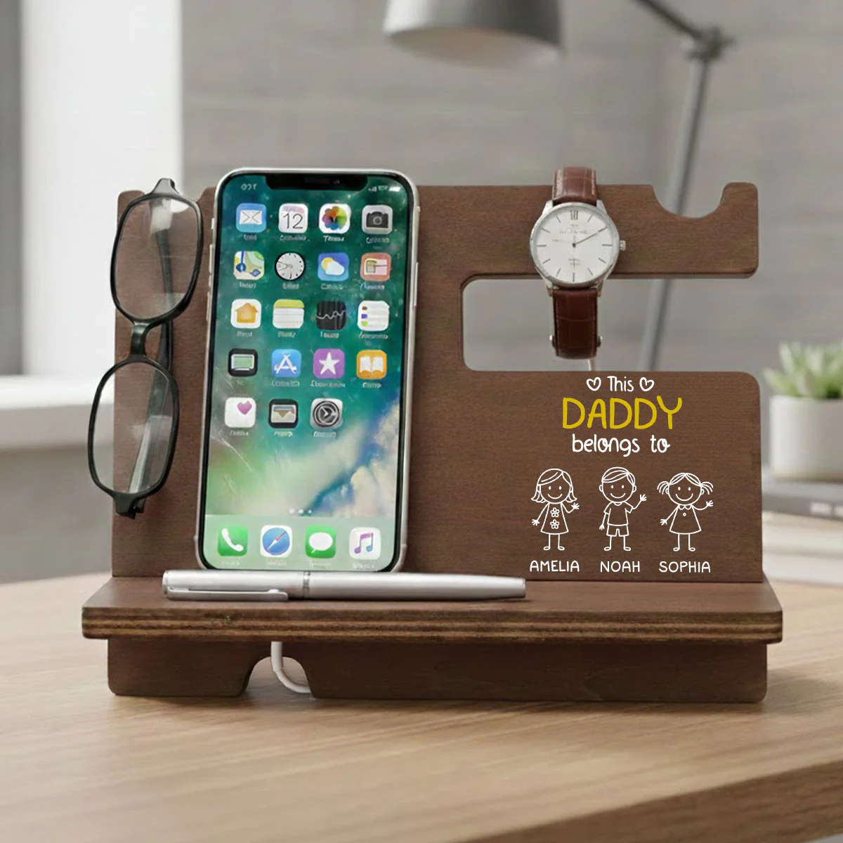 This Grandpa Belongs To Us - Personalized Custom Wood Phone Docking Station - Image 2