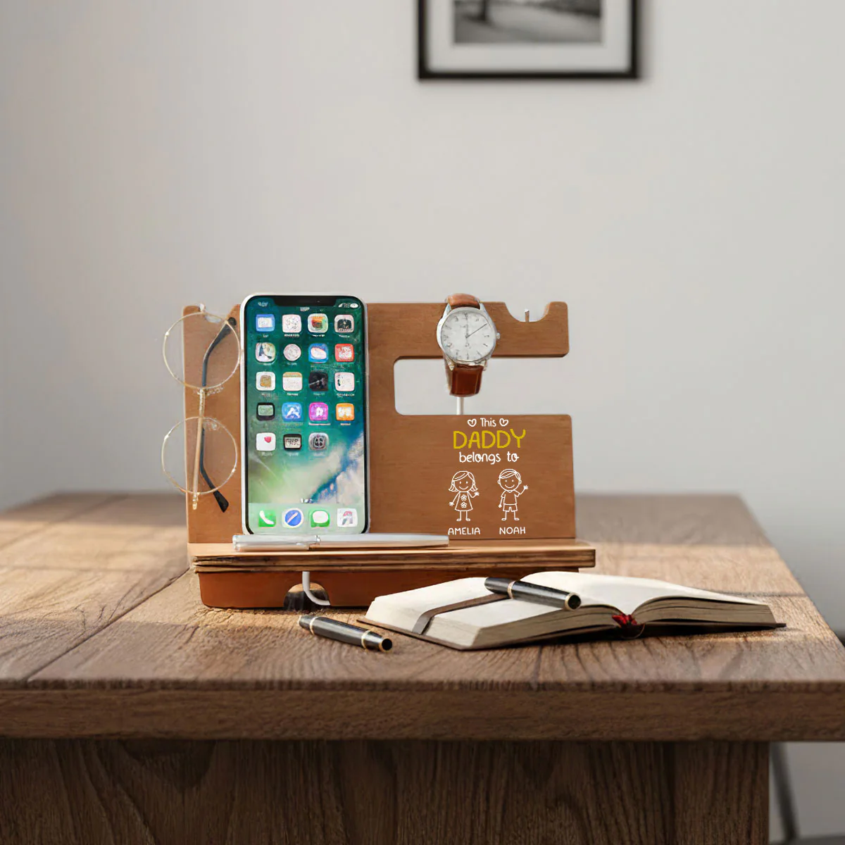 This Grandpa Belongs To Us - Personalized Custom Wood Phone Docking Station - Image 4