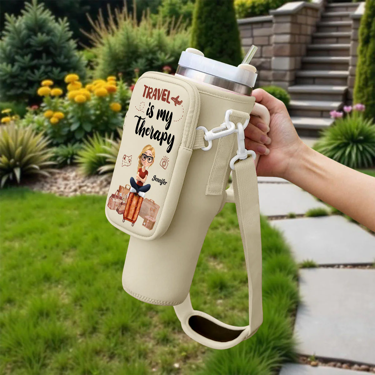Travel Is My Therapy - Personalized Custom 40oz Water Bottle Carrier Bag - Image 3