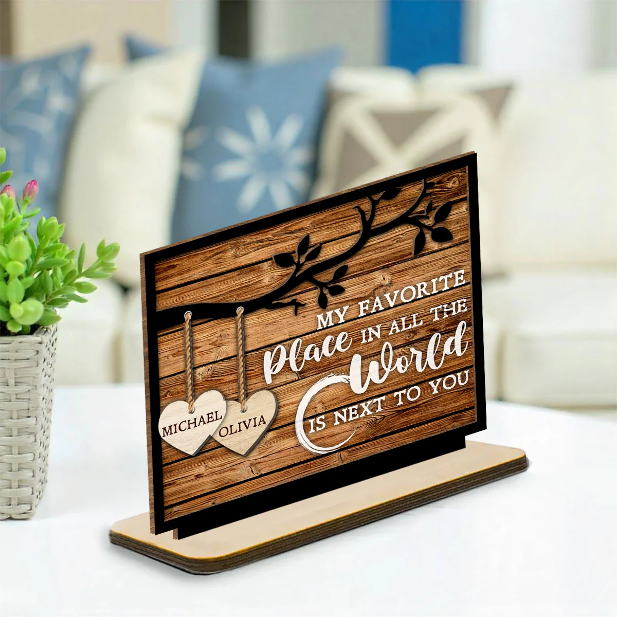 Tree Hearts - Personalized Custom 2-Layer Wood Plaque With Flat Base - Image 2