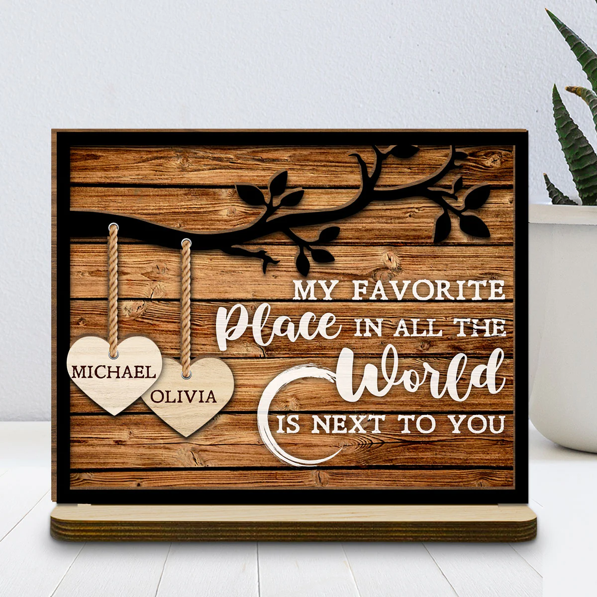 Tree Hearts - Personalized Custom 2-Layer Wood Plaque With Flat Base - Image 3