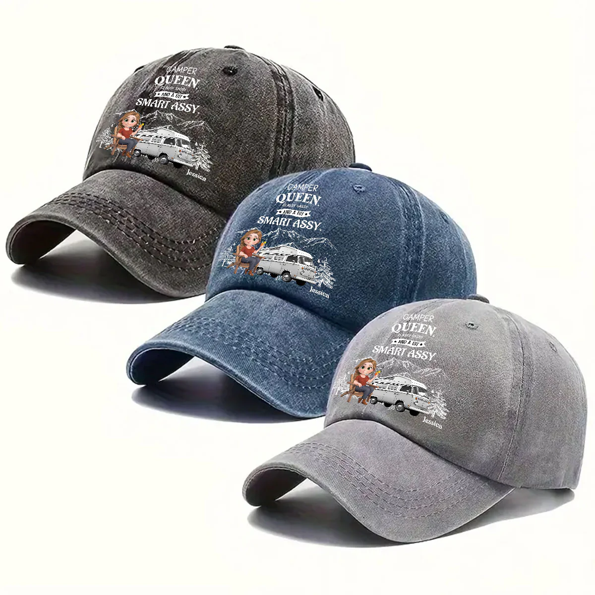 Truly A Queen Of Campers - Personalized Custom Vintage Washed Denim Cap - Image 4