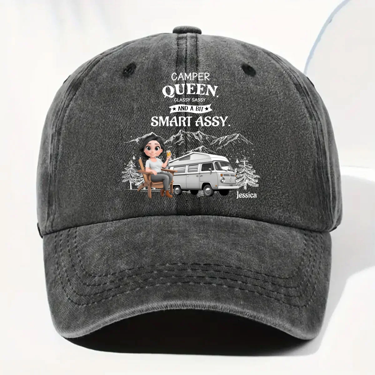 Truly A Queen Of Campers - Personalized Custom Vintage Washed Denim Cap - Image 8