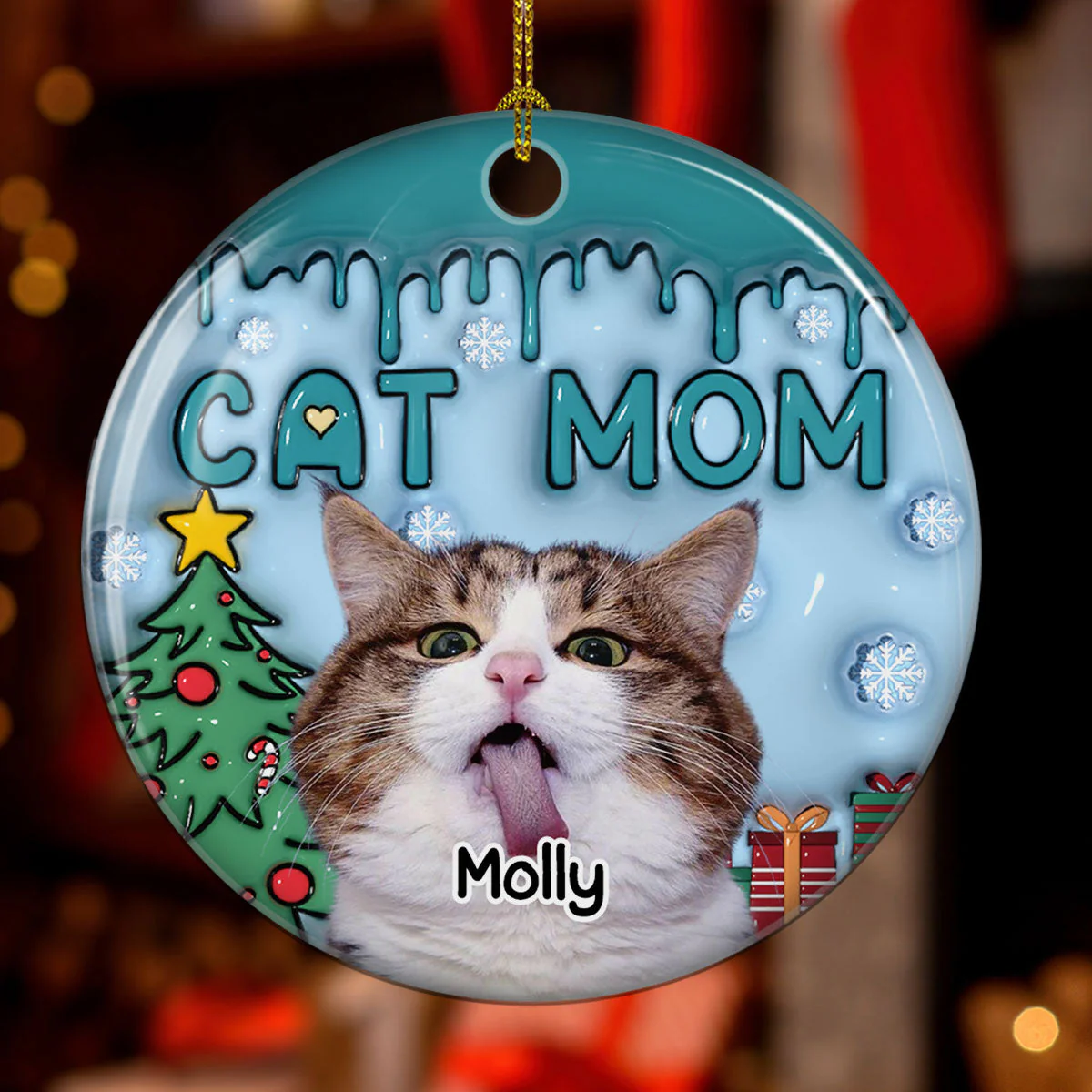 Upload Photo Lovely Cat Mom - Personalized Custom 3D Inflated Effect Ceramic Ornament - Image 3