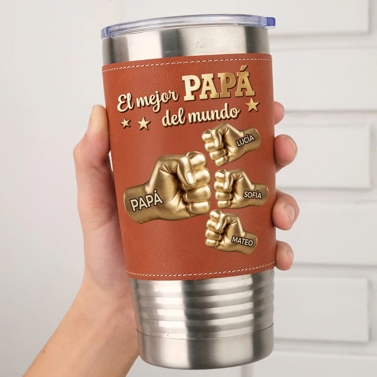 Vaso térmico de cuero personalizado - El mejor papá Oro - Image 2