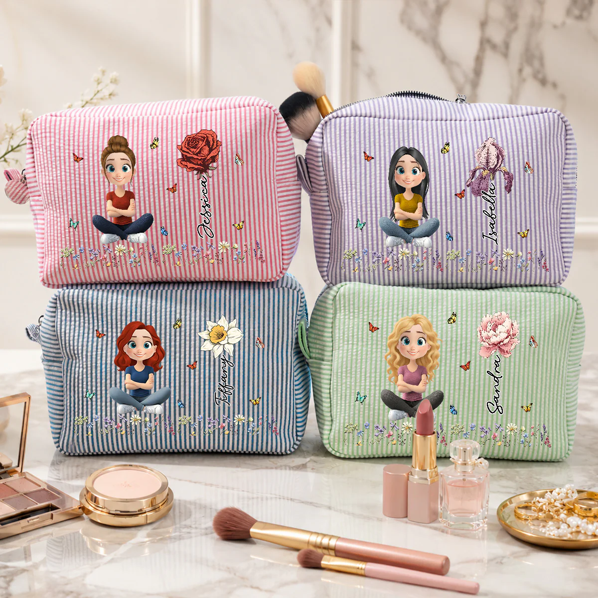 Vintage Floral Soul - Personalized Custom Seersucker Print Makeup Bag - Image 4