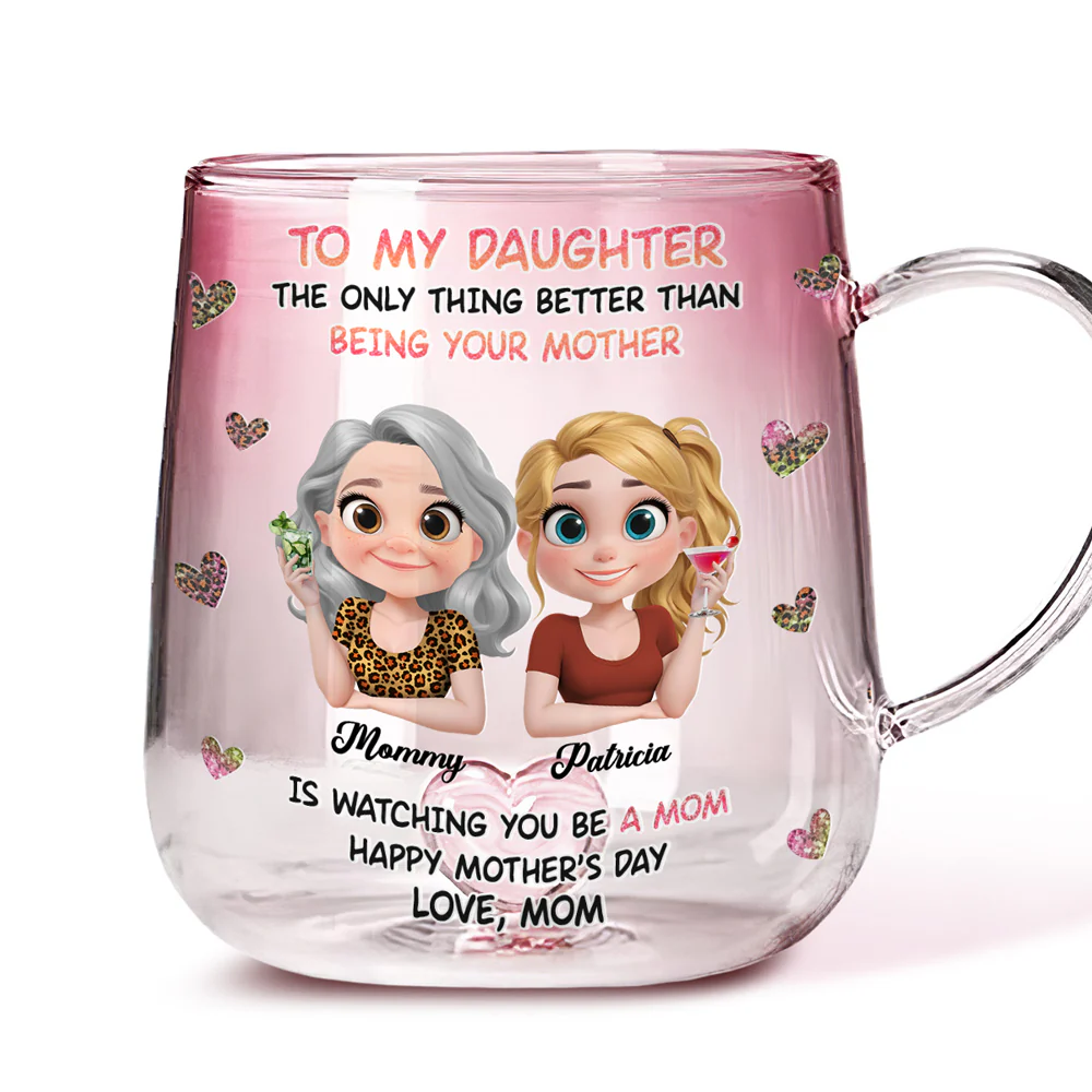 Watching You Be A Mom Cartoon - Personalized Custom Pink Gradient Glass Mug