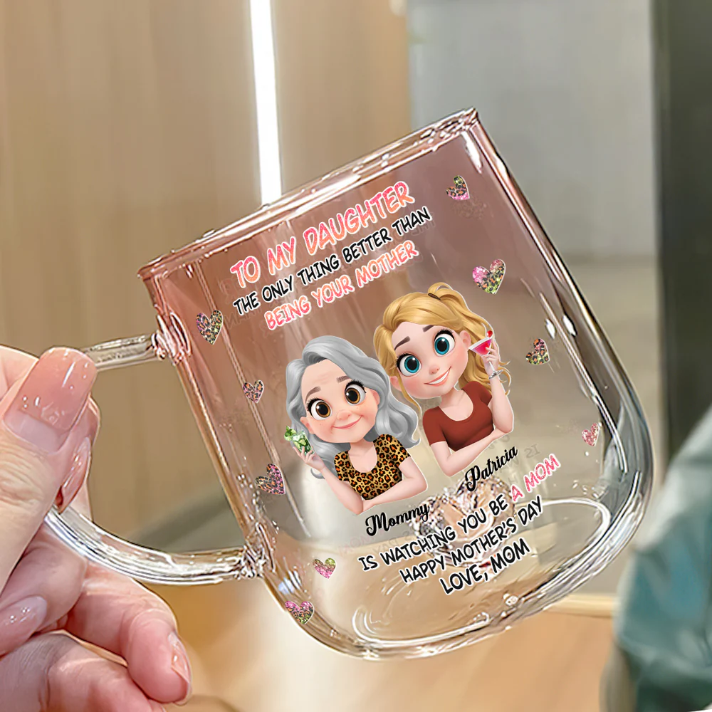 Watching You Be A Mom Cartoon - Personalized Custom Pink Gradient Glass Mug - Image 2