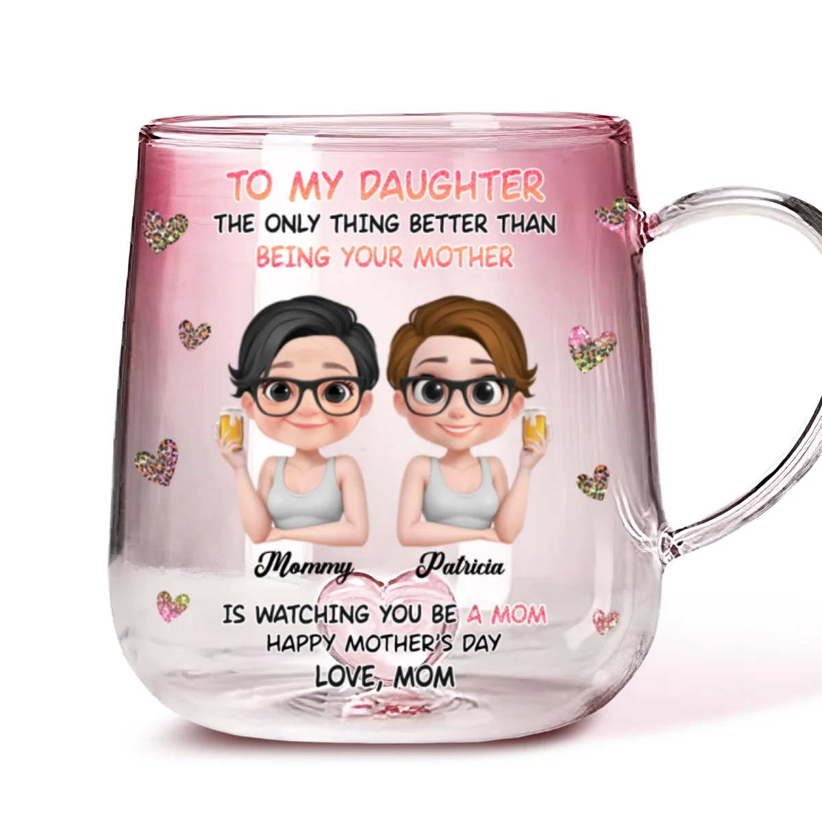 Watching You Be A Mom Cartoon - Personalized Custom Pink Gradient Glass Mug - Image 5