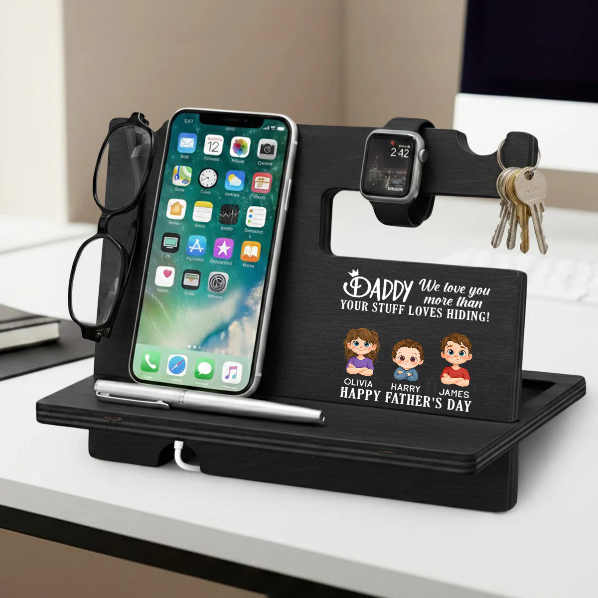 We Love You More Than Your Stuff - Personalized Custom Wood Phone Docking Station