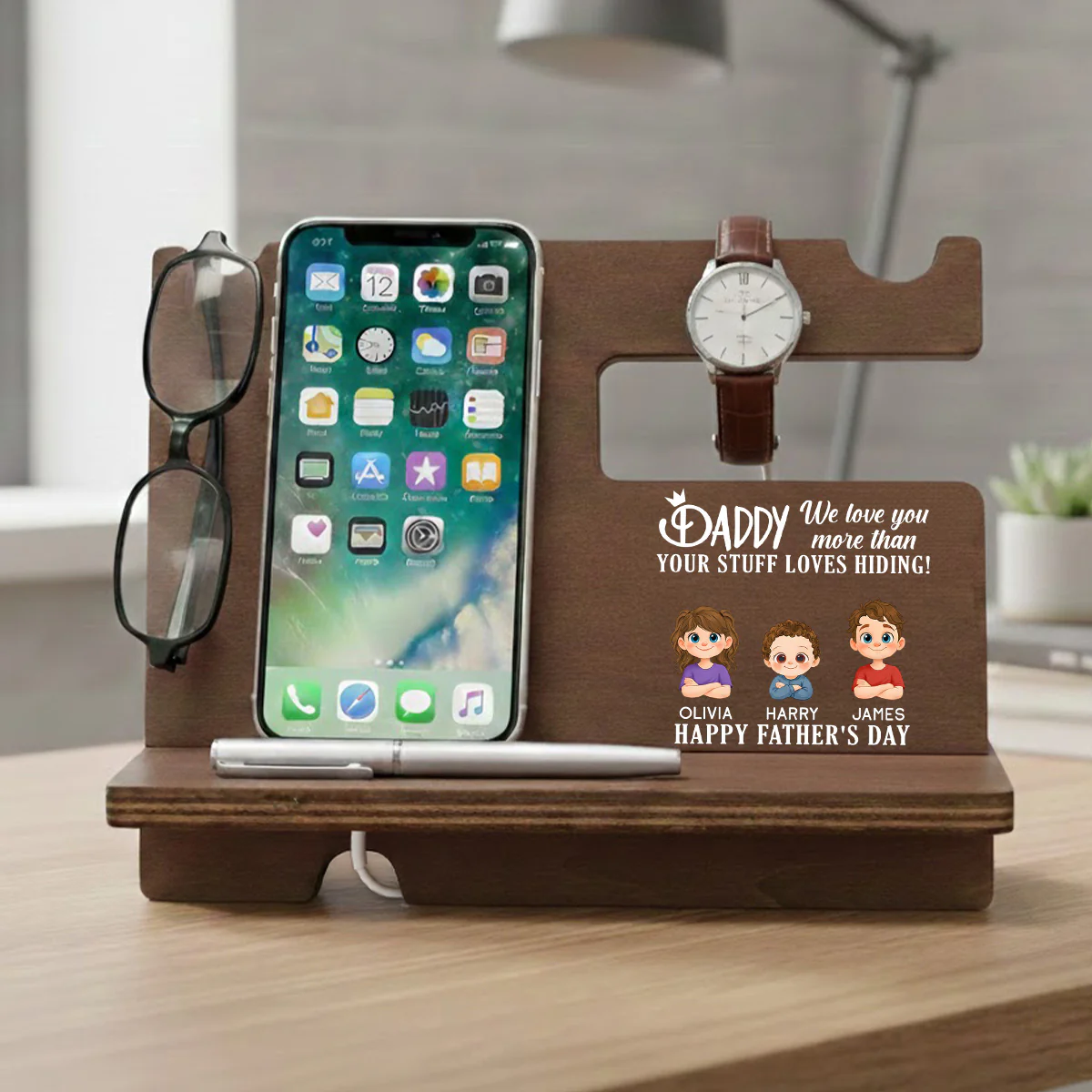 We Love You More Than Your Stuff - Personalized Custom Wood Phone Docking Station - Image 2