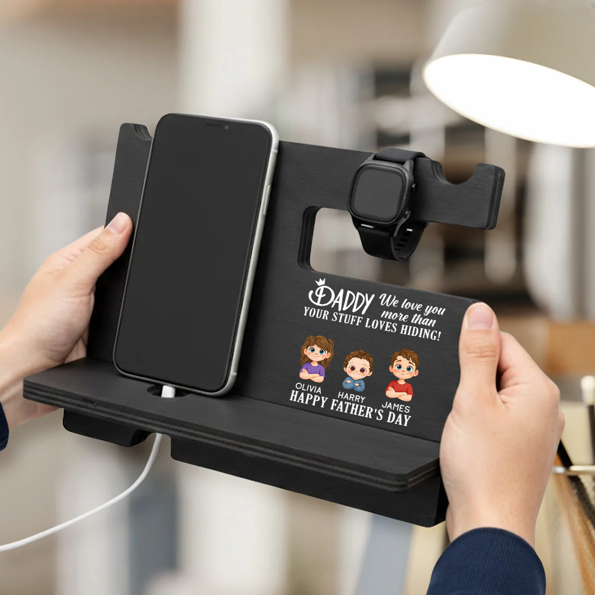 We Love You More Than Your Stuff - Personalized Custom Wood Phone Docking Station - Image 3